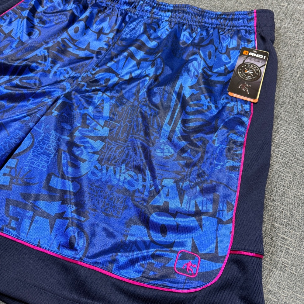 AND1 Basketball Shorts Men's 3XL Blue Pink Graffiti Print Dazzle Silky NWT